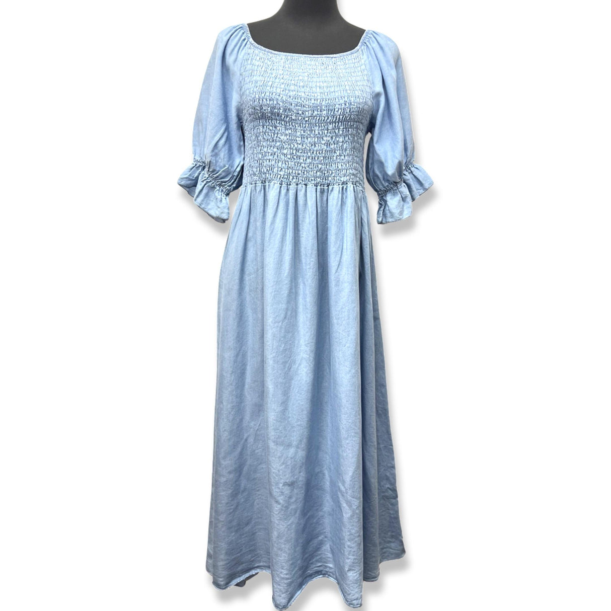 LADISE DENIM SMOCKED MAXI DRESS RUFFLE SLEEVES 100% TENCEL ONE SIZE FITS ALL 10-20