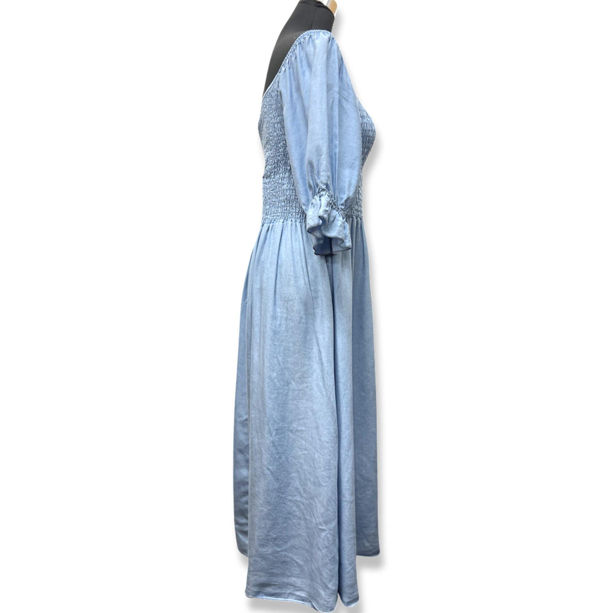 LADISE DENIM SMOCKED MAXI DRESS RUFFLE SLEEVES 100% TENCEL ONE SIZE FITS ALL 10-20