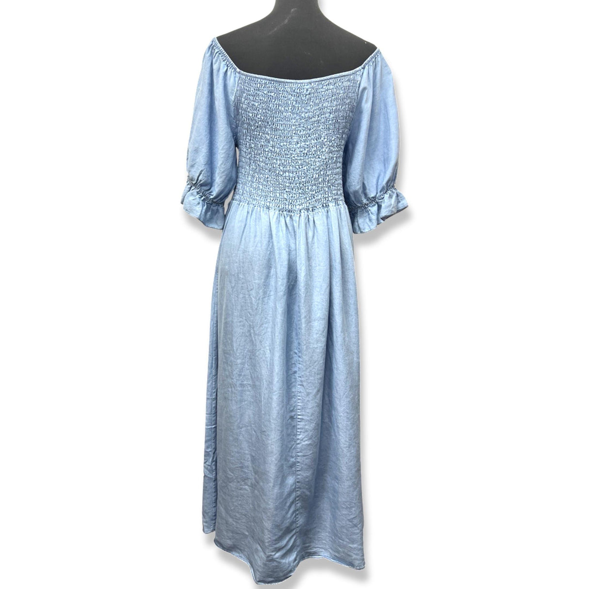 LADISE DENIM SMOCKED MAXI DRESS RUFFLE SLEEVES 100% TENCEL ONE SIZE FITS ALL 10-20