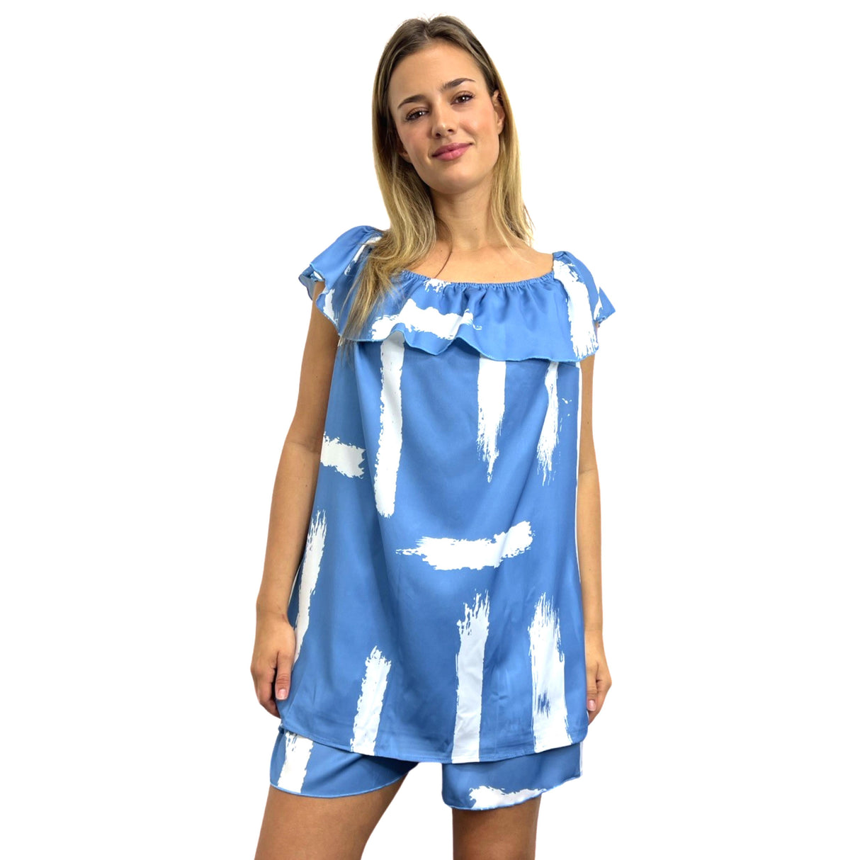 Ladise Ruffle Collar Top And Bermuda Shorts Co-ord Super Soft Silk Feel Lightweight Satin Material Keeps Cool All The Time