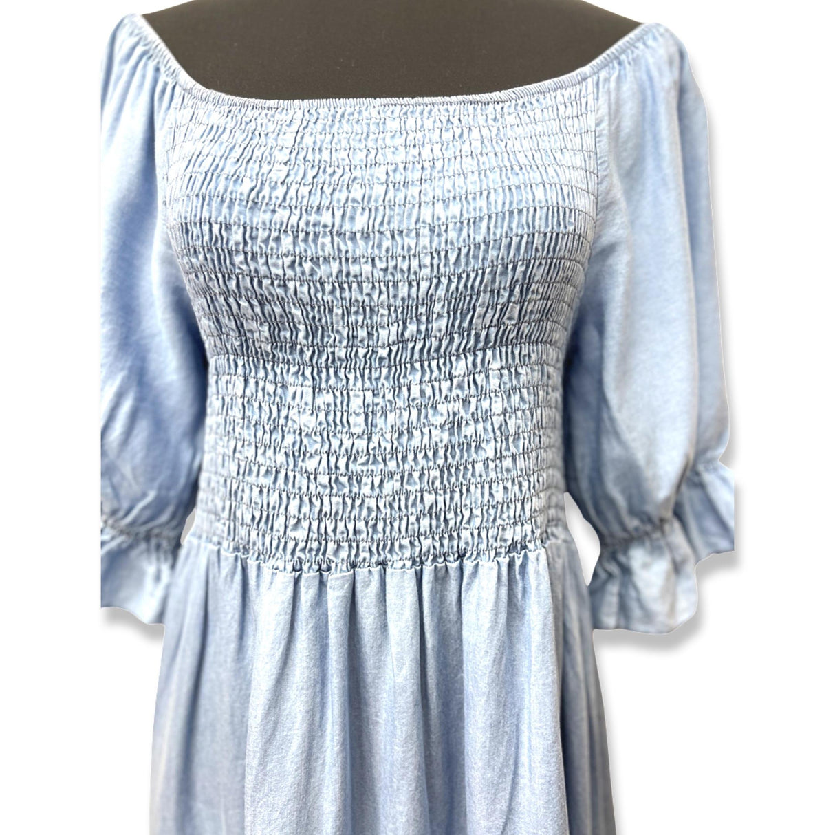 LADISE DENIM SMOCKED MAXI DRESS RUFFLE SLEEVES 100% TENCEL ONE SIZE FITS ALL 10-20