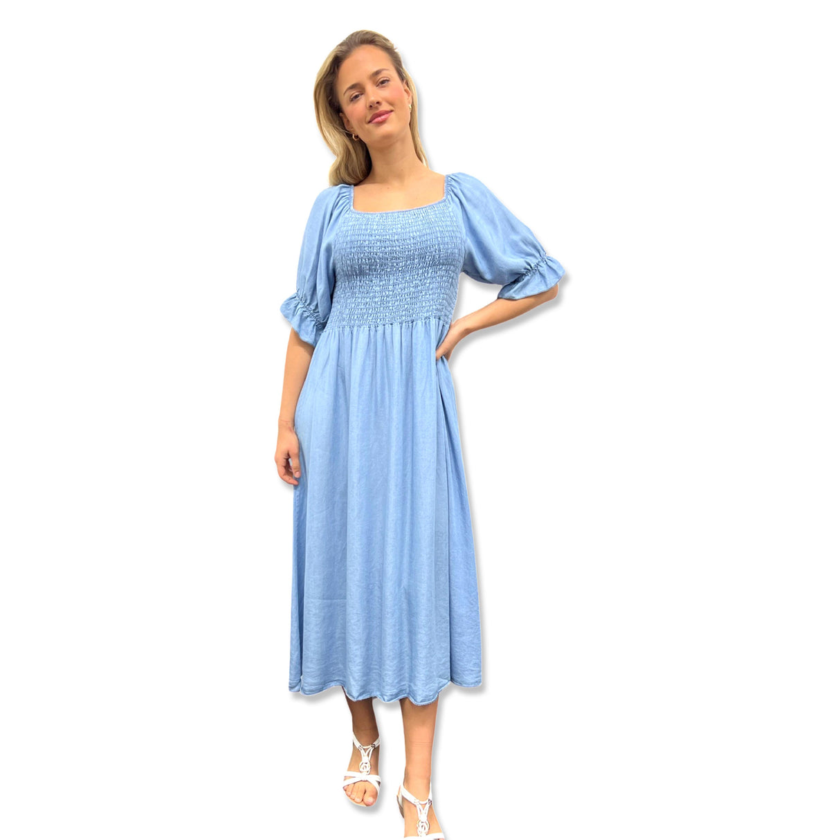 LADISE DENIM SMOCKED MAXI DRESS RUFFLE SLEEVES 100% TENCEL ONE SIZE FITS ALL 10-20