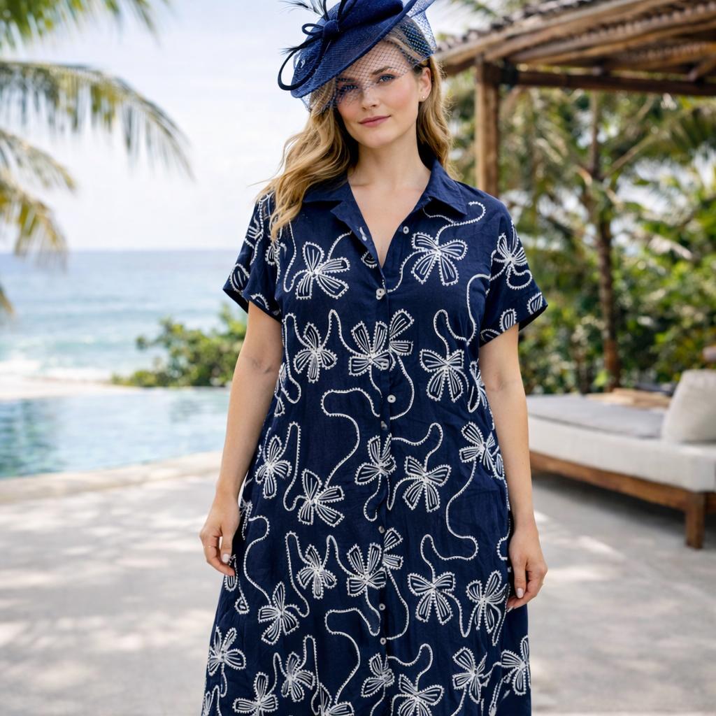 Breathable Cotton Silk Blend Premium Embroidered Summer Dress | One size UK 12–22