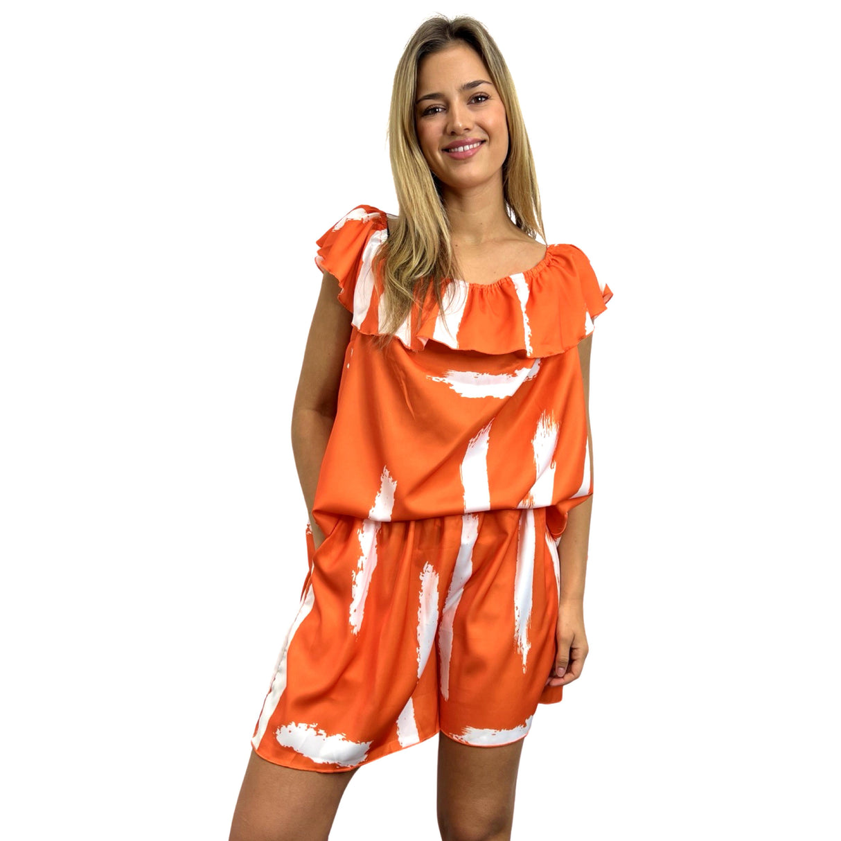 Ladise Ruffle Collar Top And Bermuda Shorts Co-ord Super Soft Silk Feel Lightweight Satin Material Keeps Cool All The Time