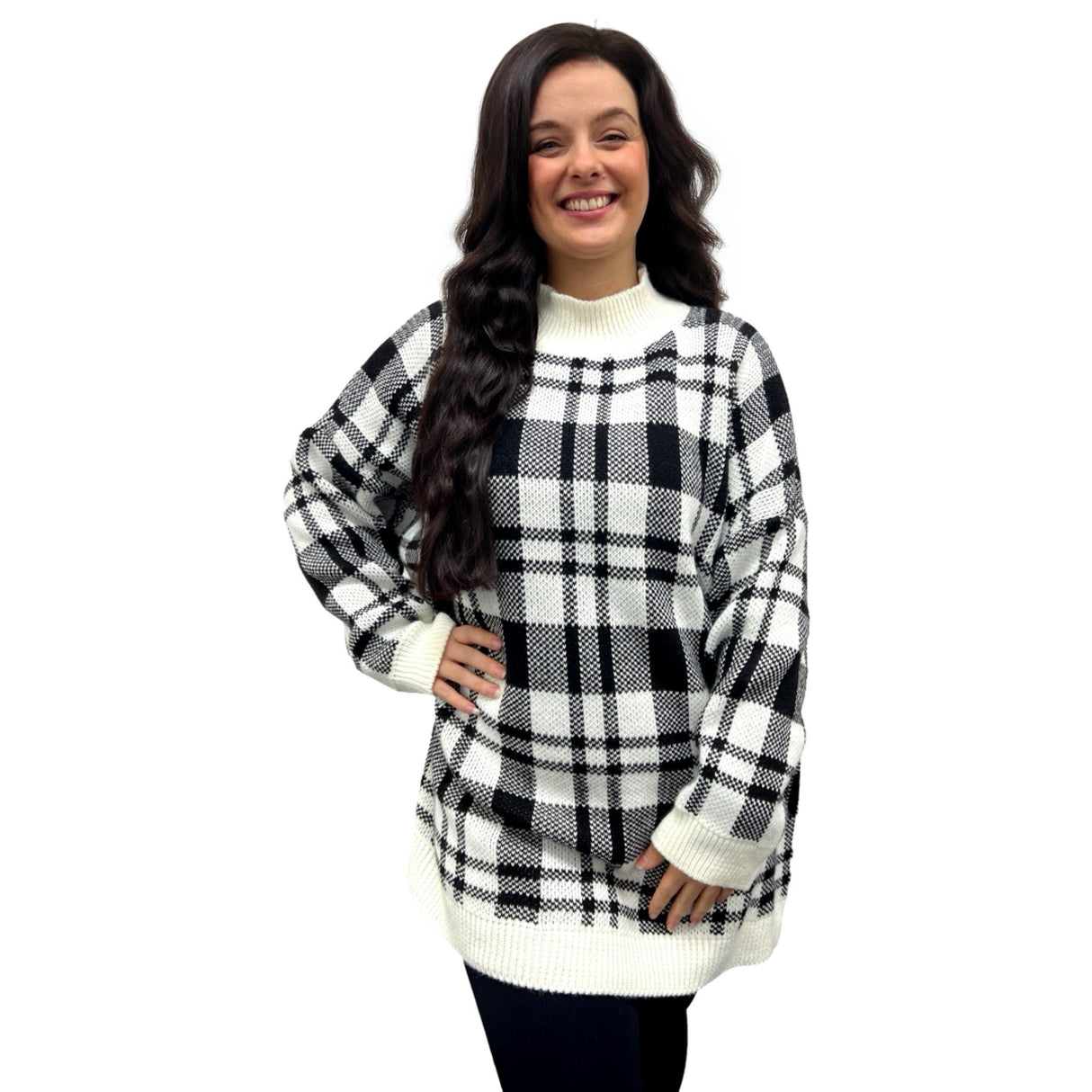 LADIES KNITWEAR JUMPER SUPER SOFT TURTLENECK GINGHAM CHECK DOUBLE LAYERS OVERSIZED JUMPER