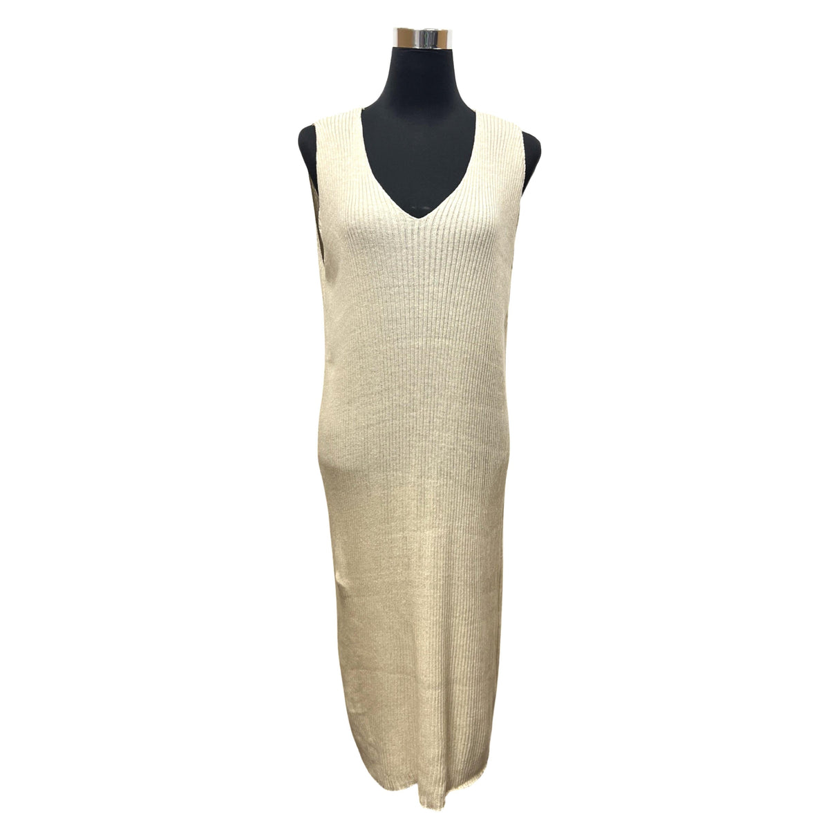 RIBBED KNITTED LONG DRESS V-NECK 100% COTTON SUPER STRETCHY DRESS