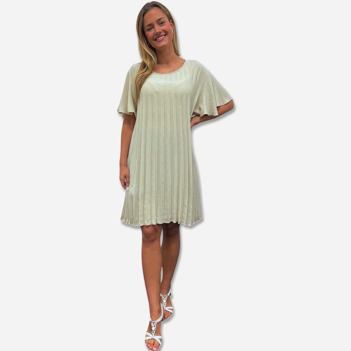 PLEATED MIDI DRESS SUPER FLOWING WITH FLUTTER SLEEVES PERFECT LENGTH FOR SUMMER