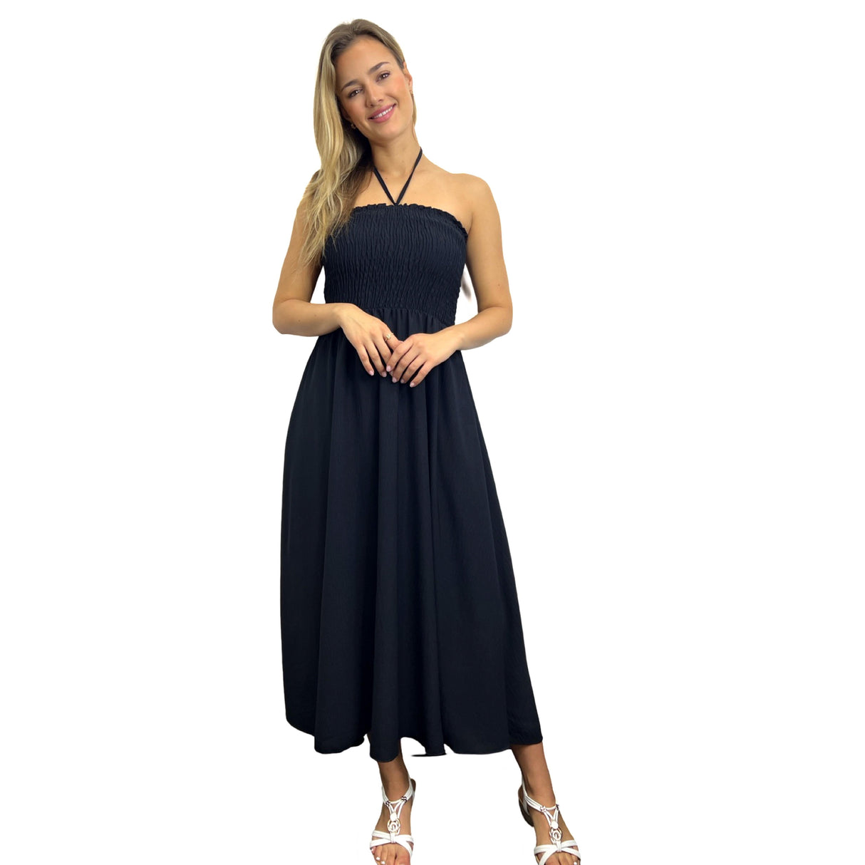 LADIES BACK TIED MAXI DRESS SMOCK SUPER STRETCHY