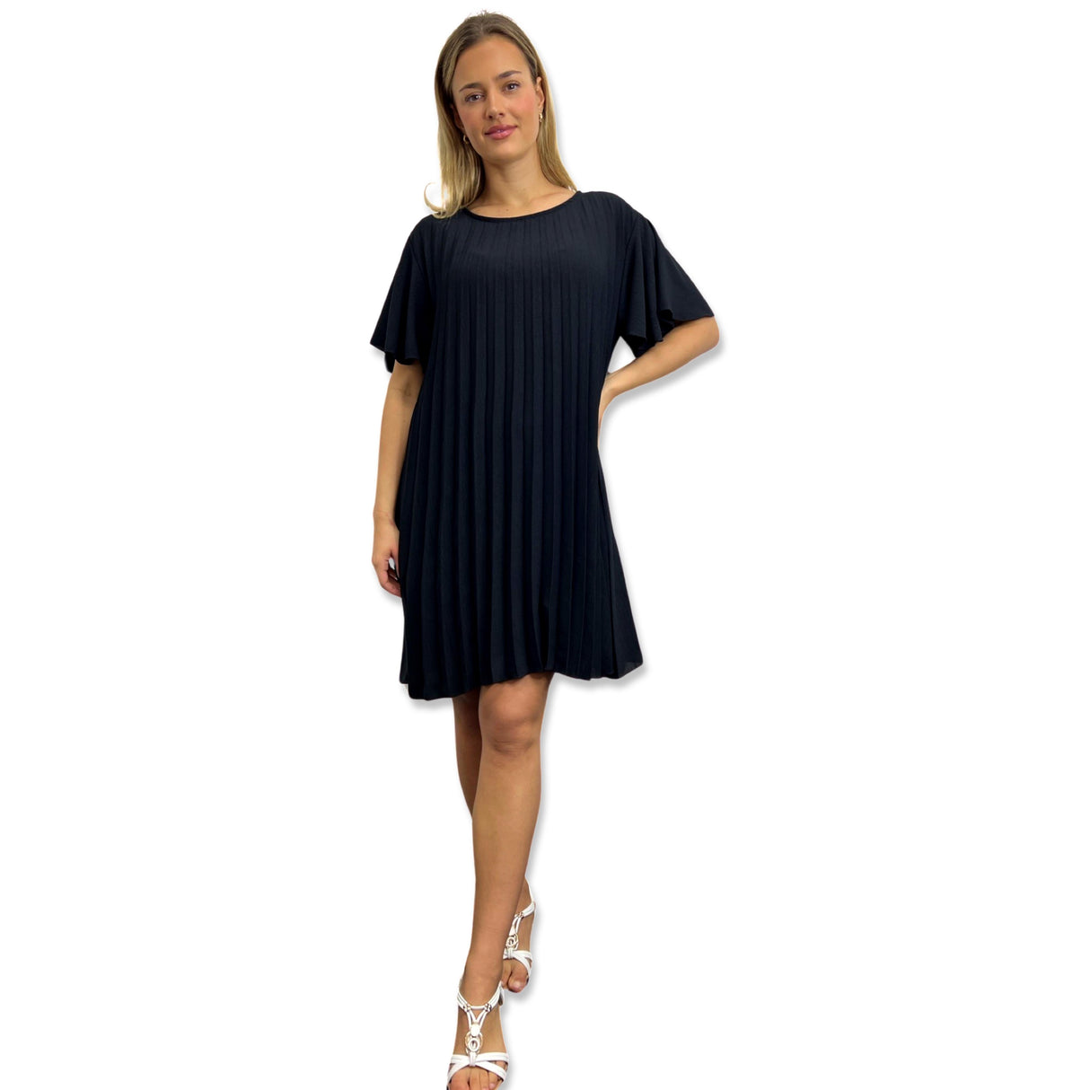 PLEATED MIDI DRESS SUPER FLOWING WITH FLUTTER SLEEVES PERFECT LENGTH FOR SUMMER