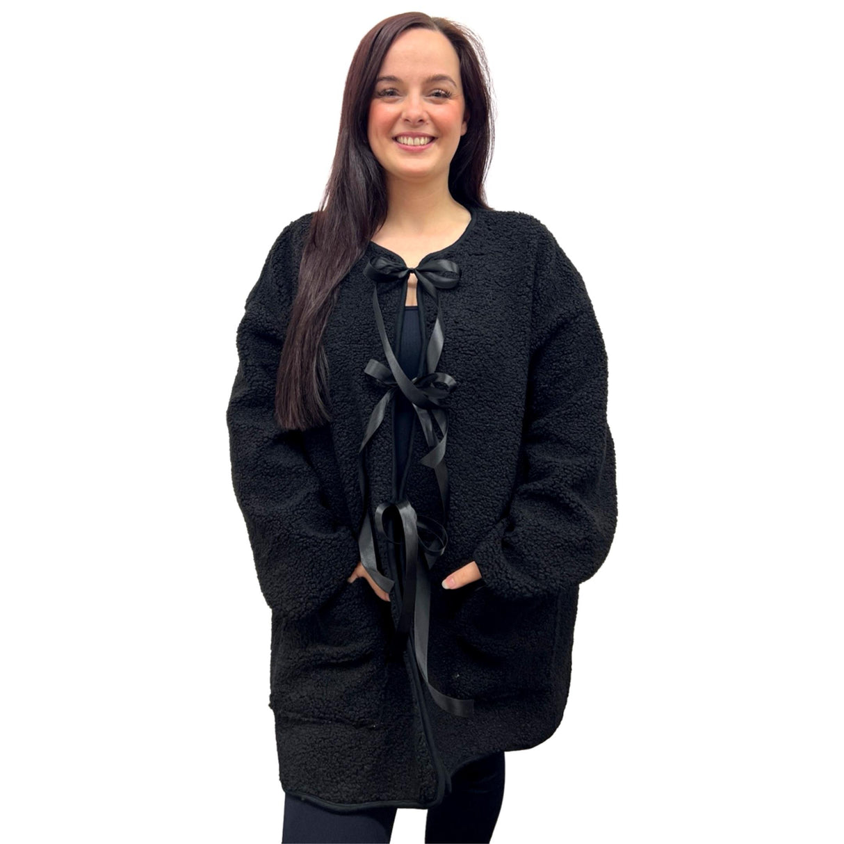 Teddy Coat With Bow Tie Details And Suede Effect Inside Super Cosy And Soft