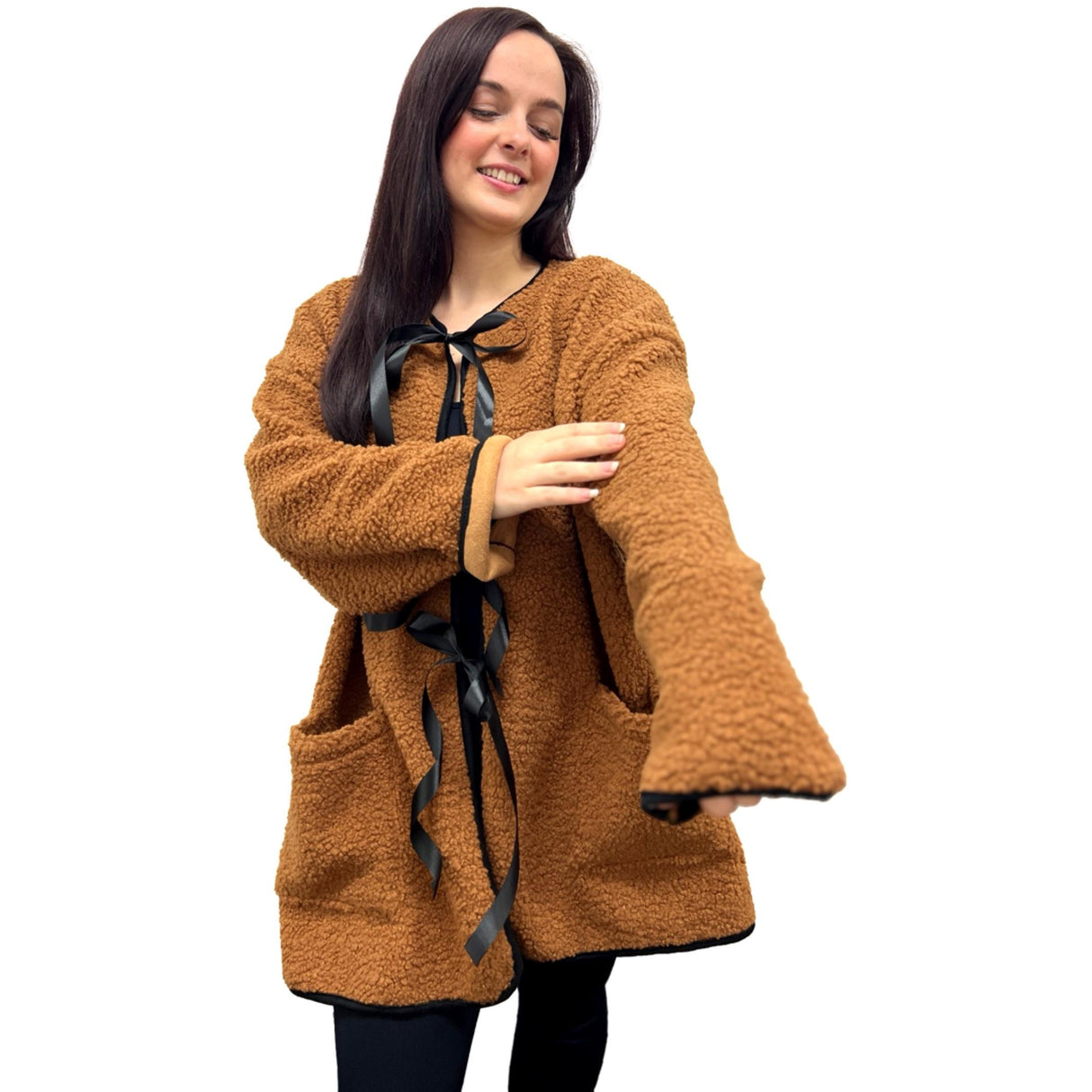 Teddy Coat With Bow Tie Details And Suede Effect Inside Super Cosy And Soft