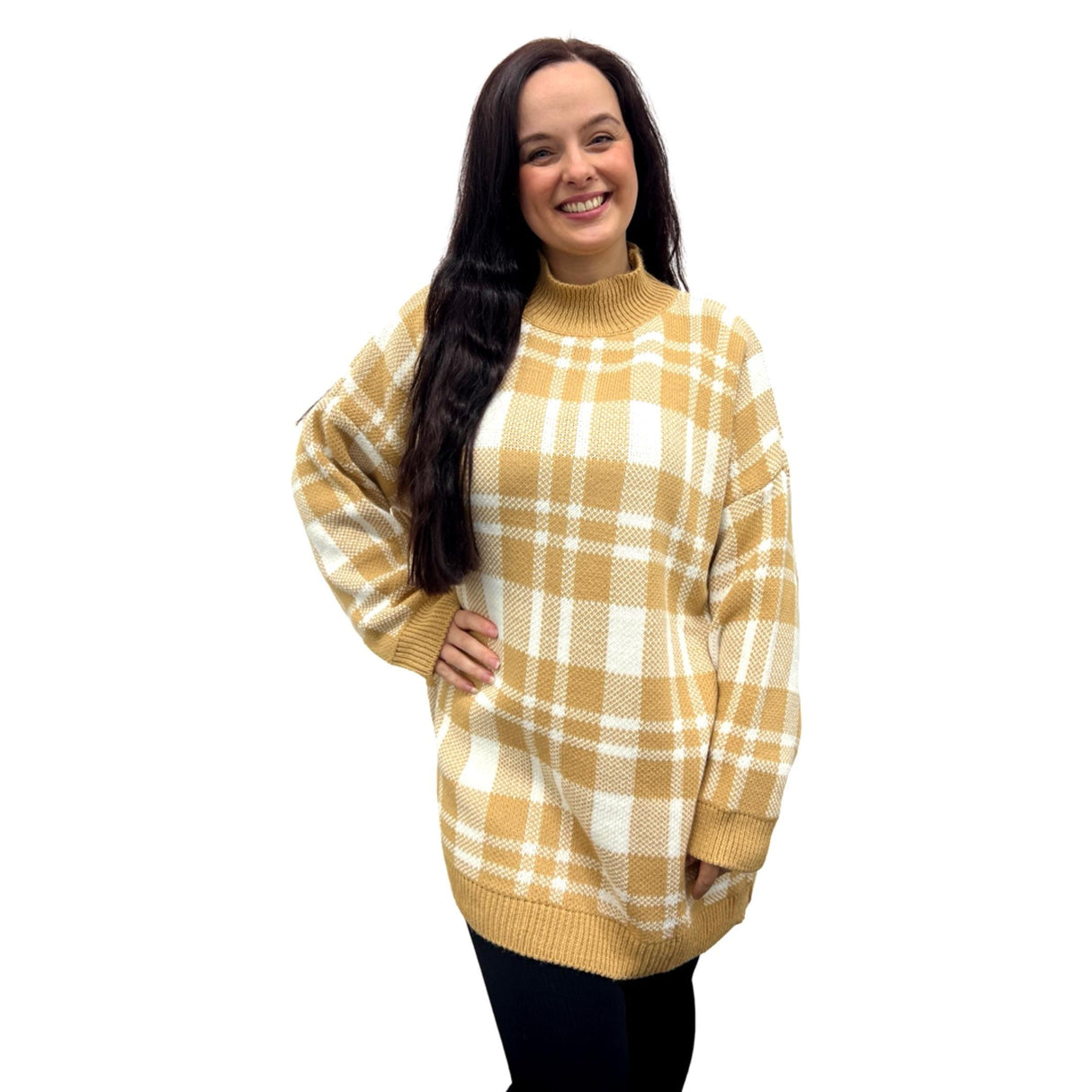 LADIES KNITWEAR JUMPER SUPER SOFT TURTLENECK GINGHAM CHECK DOUBLE LAYERS OVERSIZED JUMPER