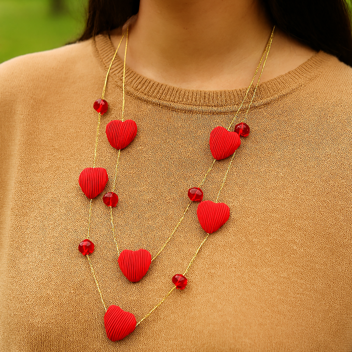 Double Layer Heart Pendant Necklace with Beads – Gold Chain