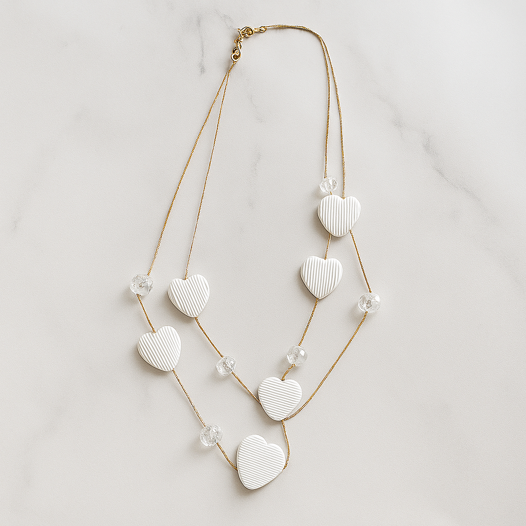 Double Layer Heart Pendant Necklace with Beads – Gold Chain