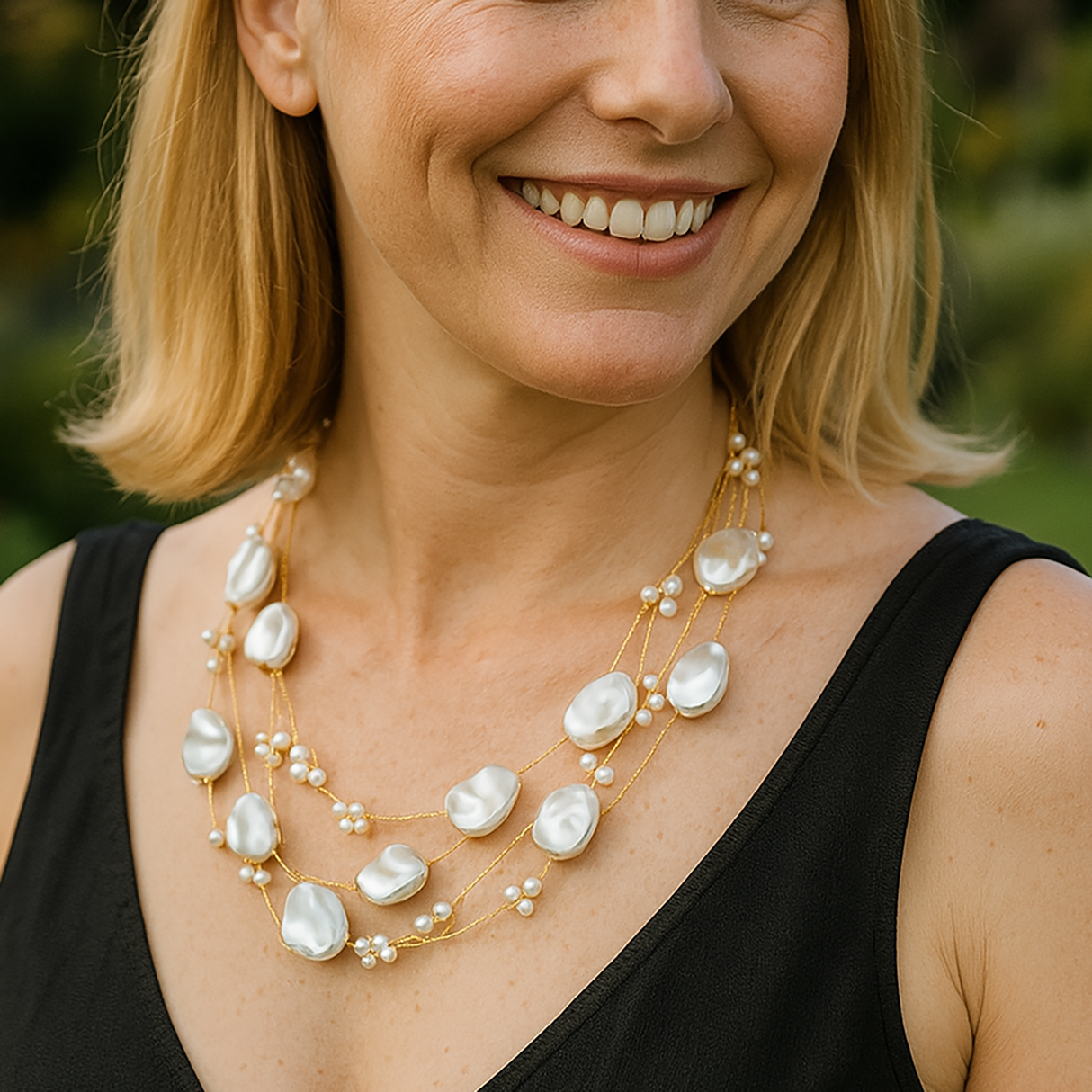 Layered Baroque Pearl & Faux Pearl Cluster Necklace with Gold Chains