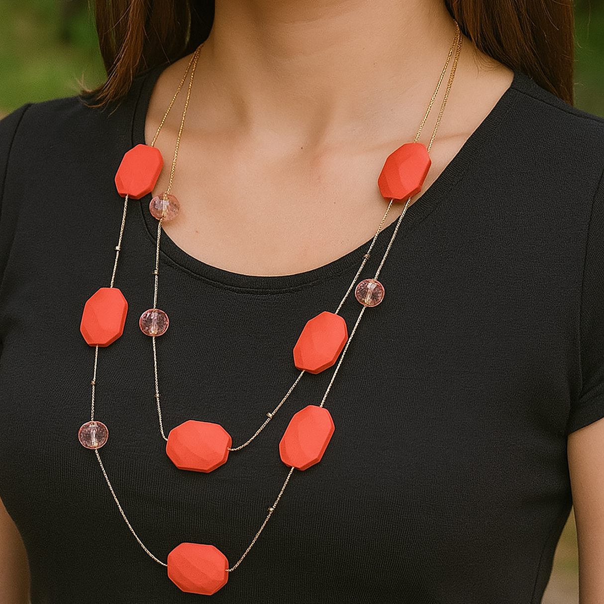 Bold Coral Faceted Bead Layered Necklace