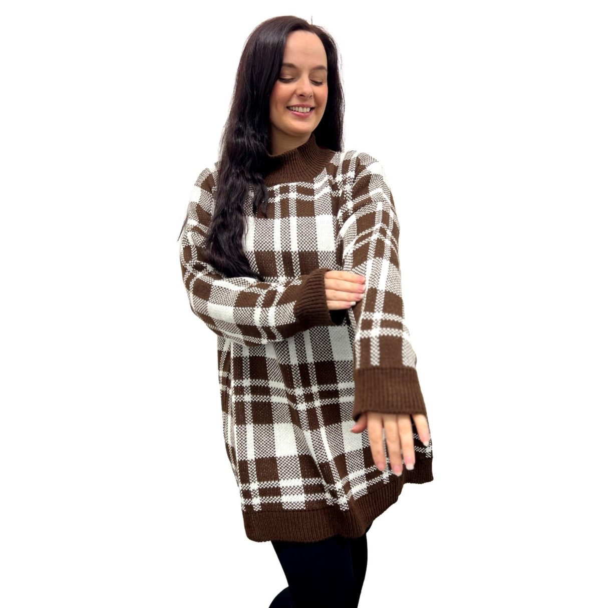 LADIES KNITWEAR JUMPER SUPER SOFT TURTLENECK GINGHAM CHECK DOUBLE LAYERS OVERSIZED JUMPER