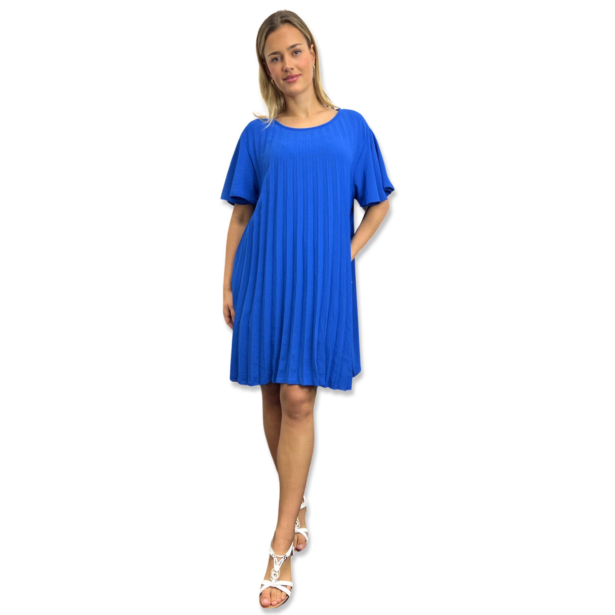 PLEATED MIDI DRESS SUPER FLOWING WITH FLUTTER SLEEVES PERFECT LENGTH FOR SUMMER