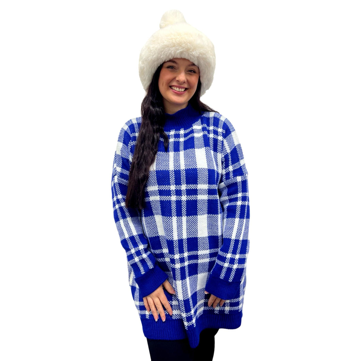 LADIES KNITWEAR JUMPER SUPER SOFT TURTLENECK GINGHAM CHECK DOUBLE LAYERS OVERSIZED JUMPER