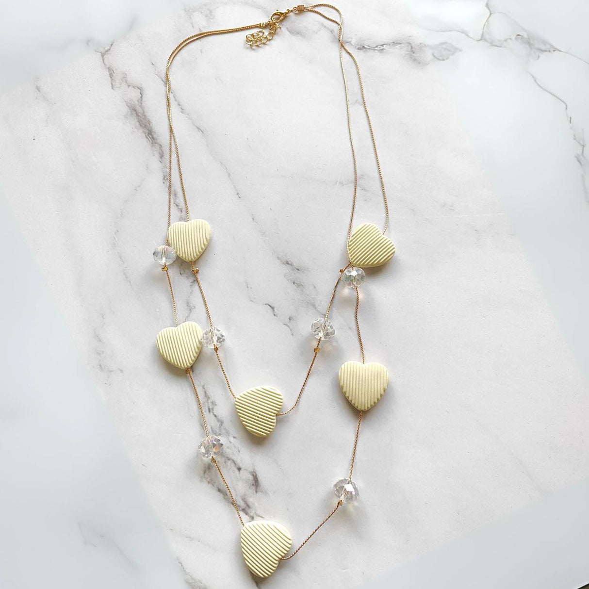 Double Layer Heart Pendant Necklace with Beads – Gold Chain
