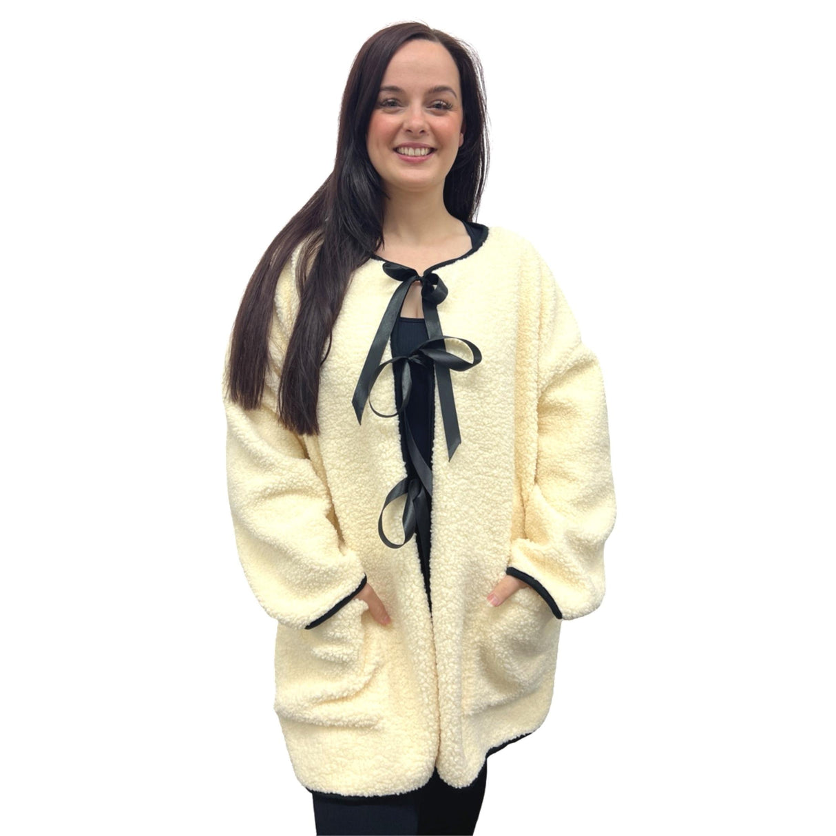Teddy Coat With Bow Tie Details And Suede Effect Inside Super Cosy And Soft