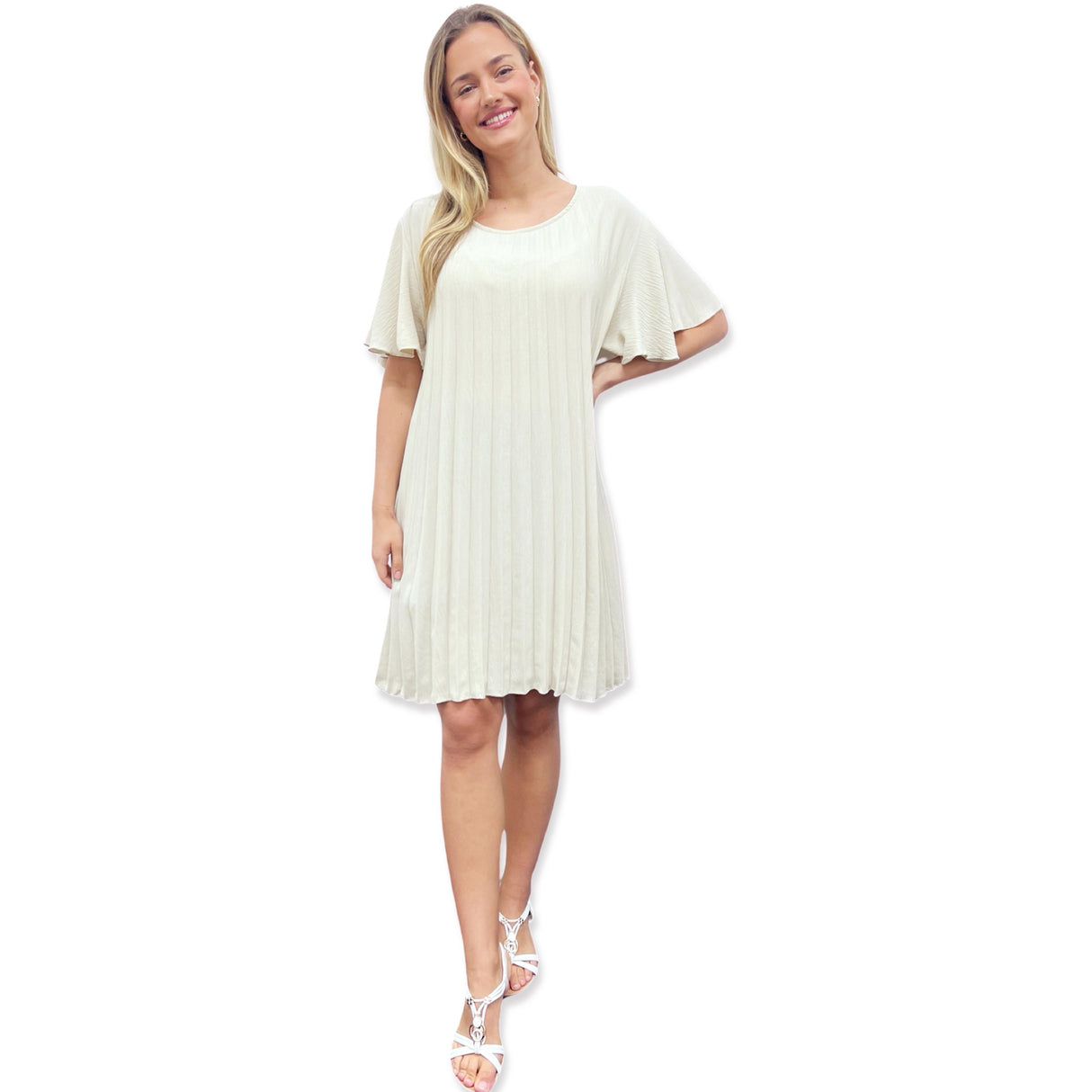 PLEATED MIDI DRESS SUPER FLOWING WITH FLUTTER SLEEVES PERFECT LENGTH FOR SUMMER