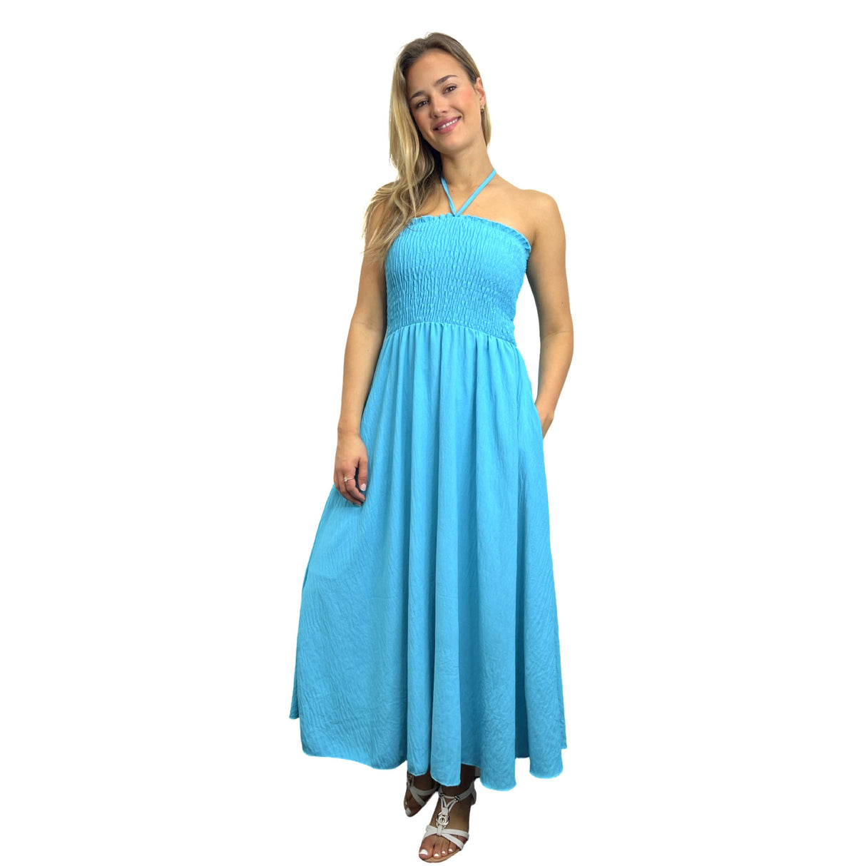 LADIES BACK TIED MAXI DRESS SMOCK SUPER STRETCHY