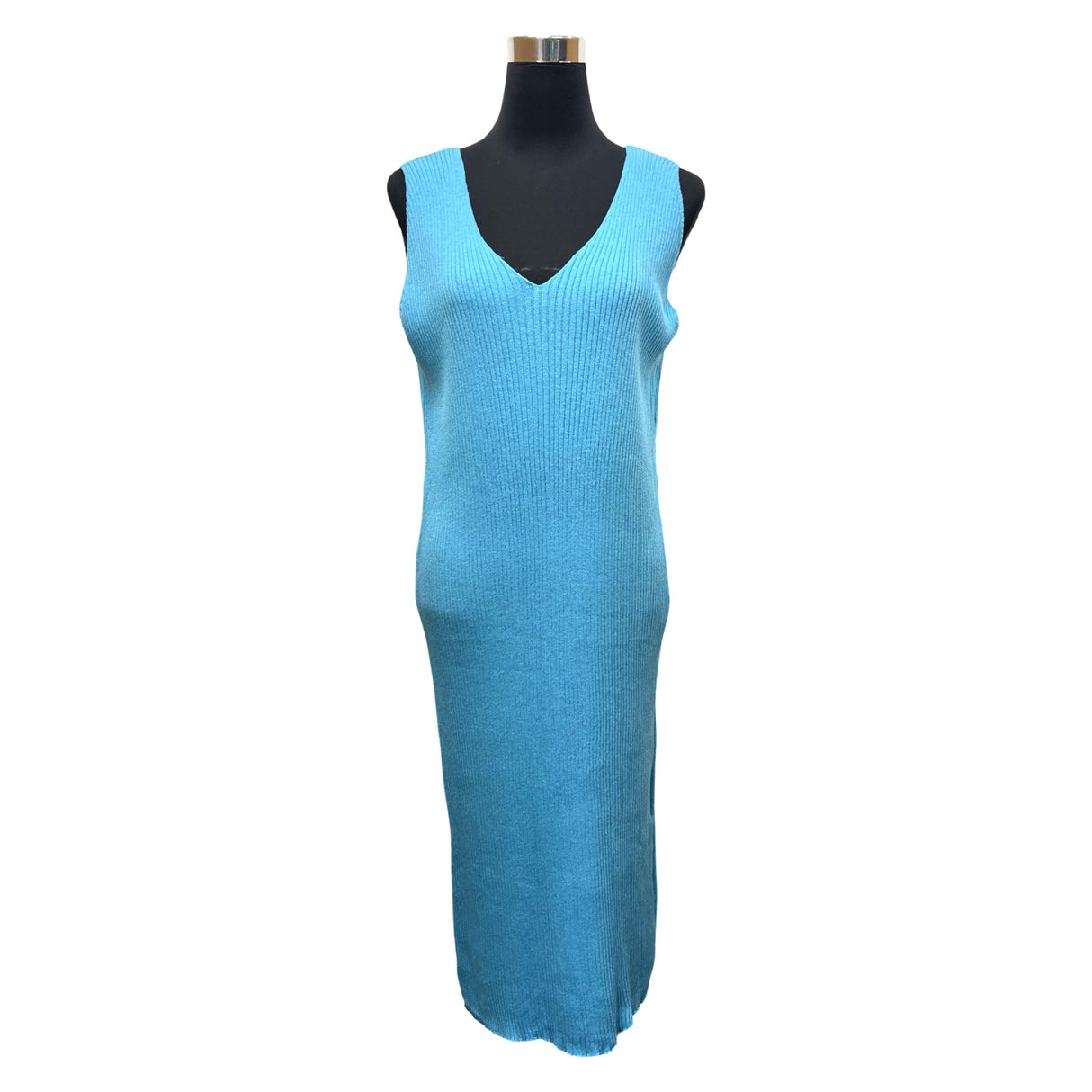 RIBBED KNITTED LONG DRESS V-NECK 100% COTTON SUPER STRETCHY DRESS