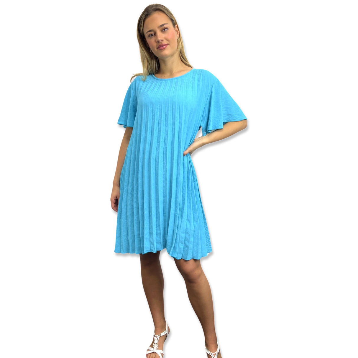 PLEATED MIDI DRESS SUPER FLOWING WITH FLUTTER SLEEVES PERFECT LENGTH FOR SUMMER
