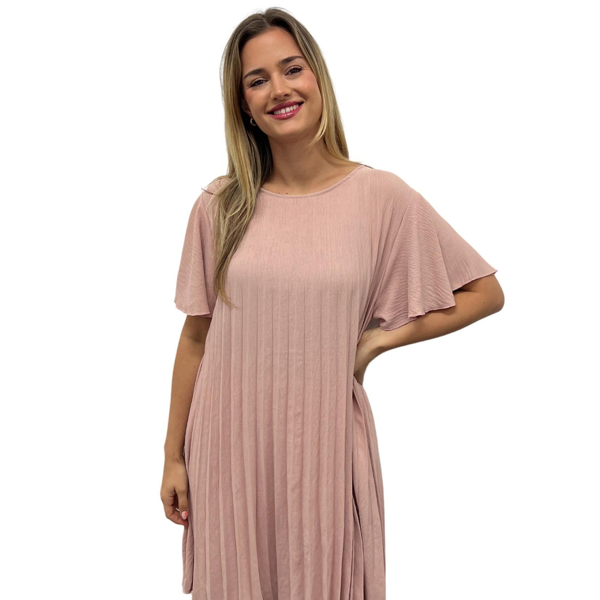 PLEATED MIDI DRESS SUPER FLOWING WITH FLUTTER SLEEVES PERFECT LENGTH FOR SUMMER