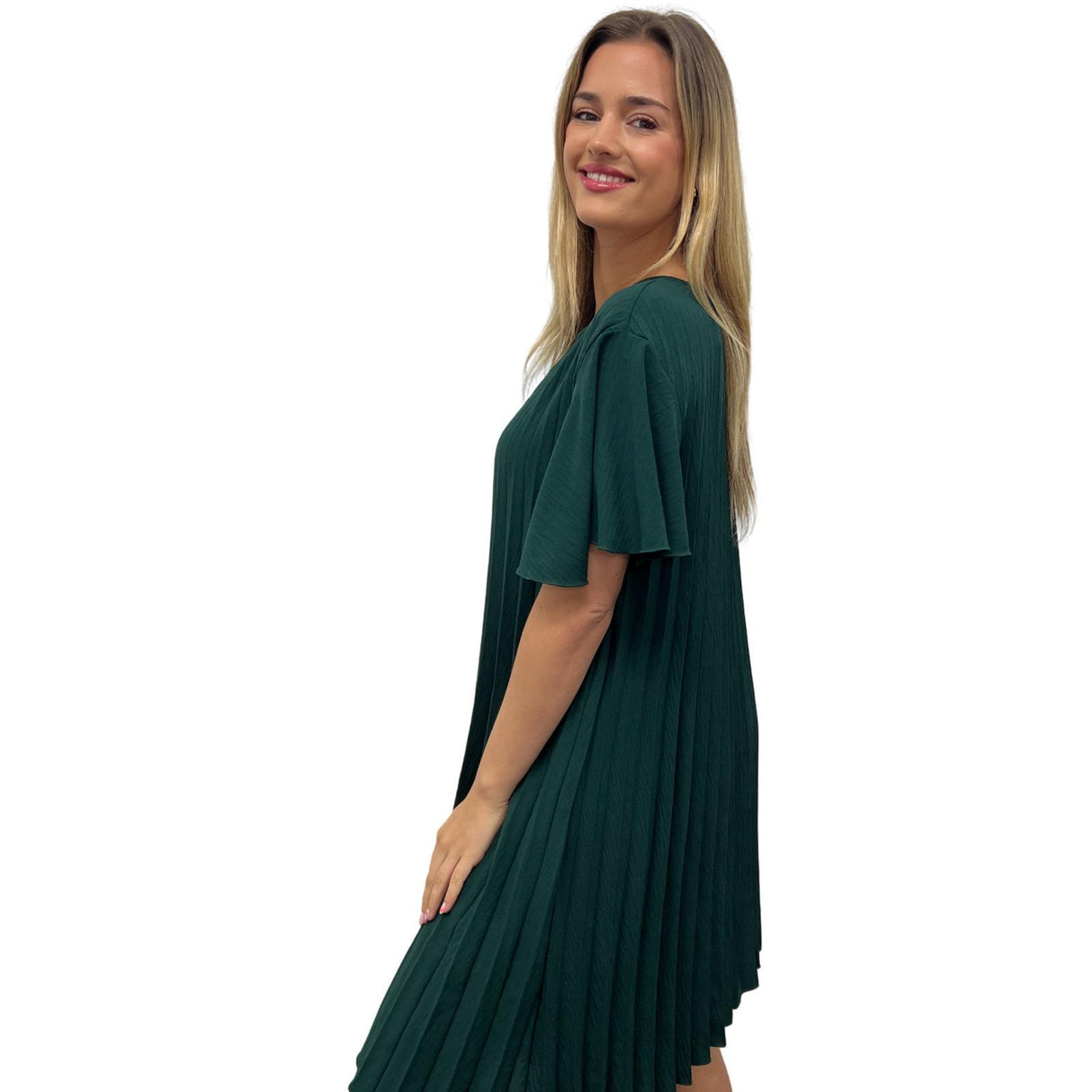PLEATED MIDI DRESS SUPER FLOWING WITH FLUTTER SLEEVES PERFECT LENGTH FOR SUMMER