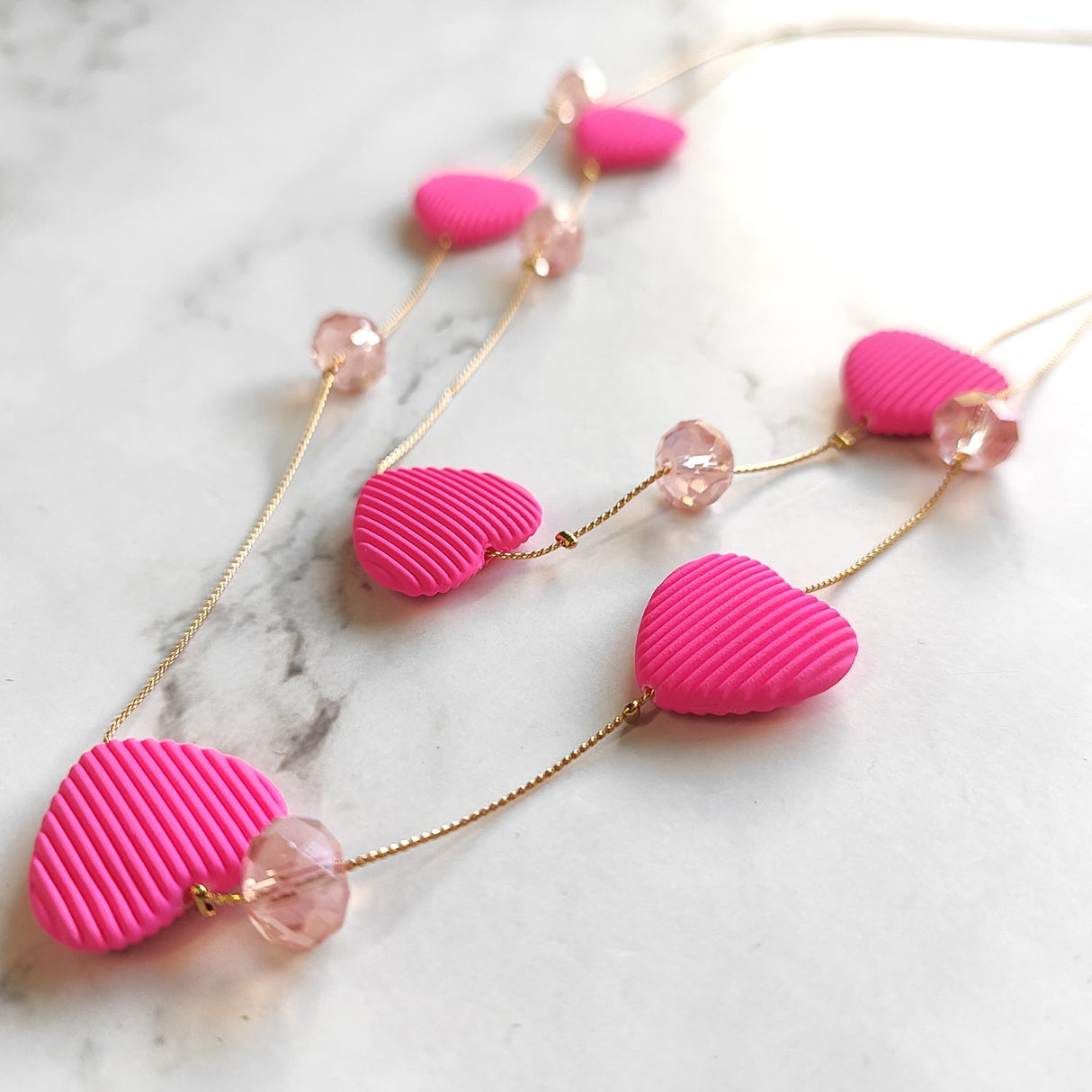 Double Layer Heart Pendant Necklace with Beads – Gold Chain