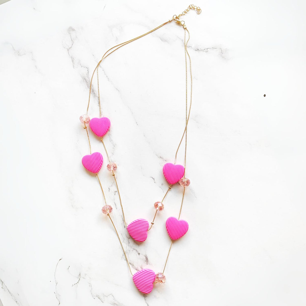 Double Layer Heart Pendant Necklace with Beads – Gold Chain