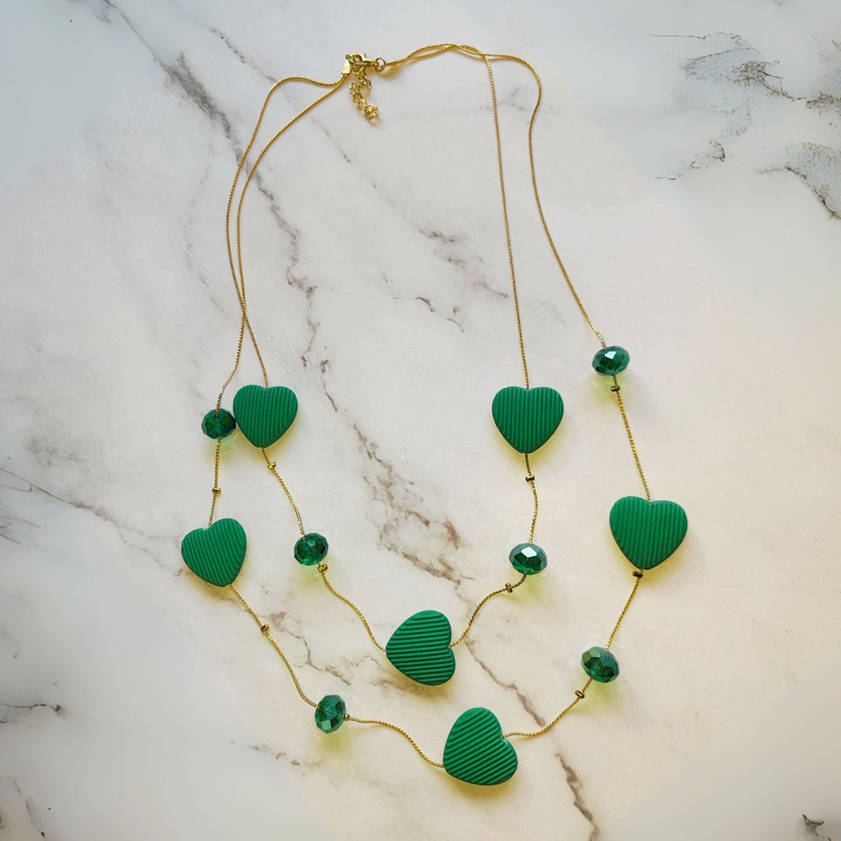 Double Layer Heart Pendant Necklace with Beads – Gold Chain