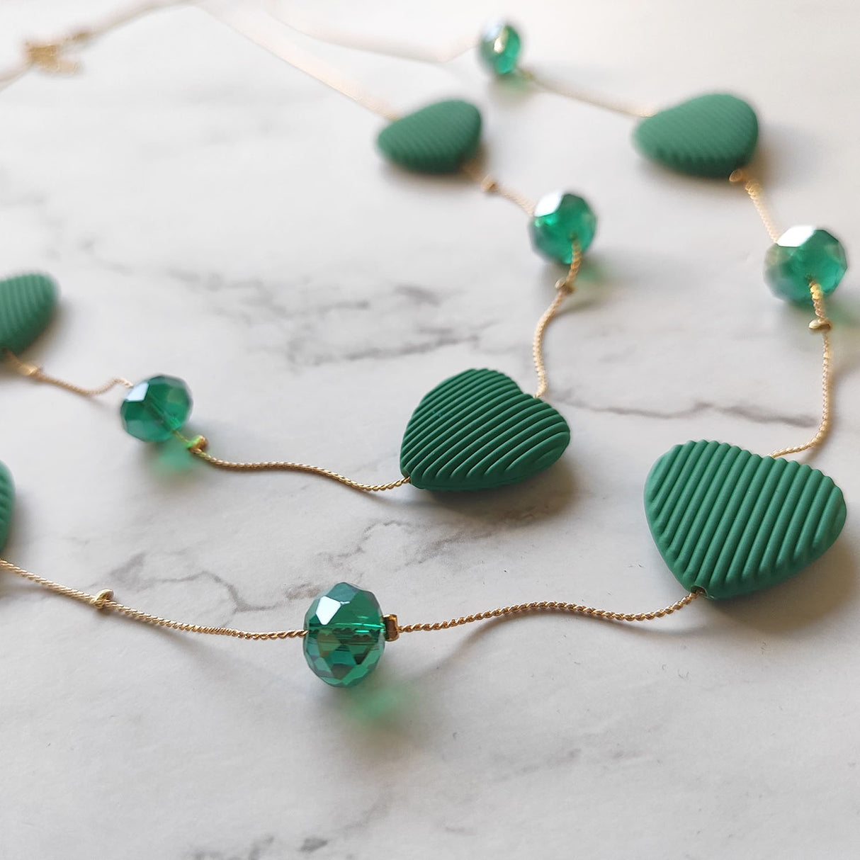 Double Layer Heart Pendant Necklace with Beads – Gold Chain