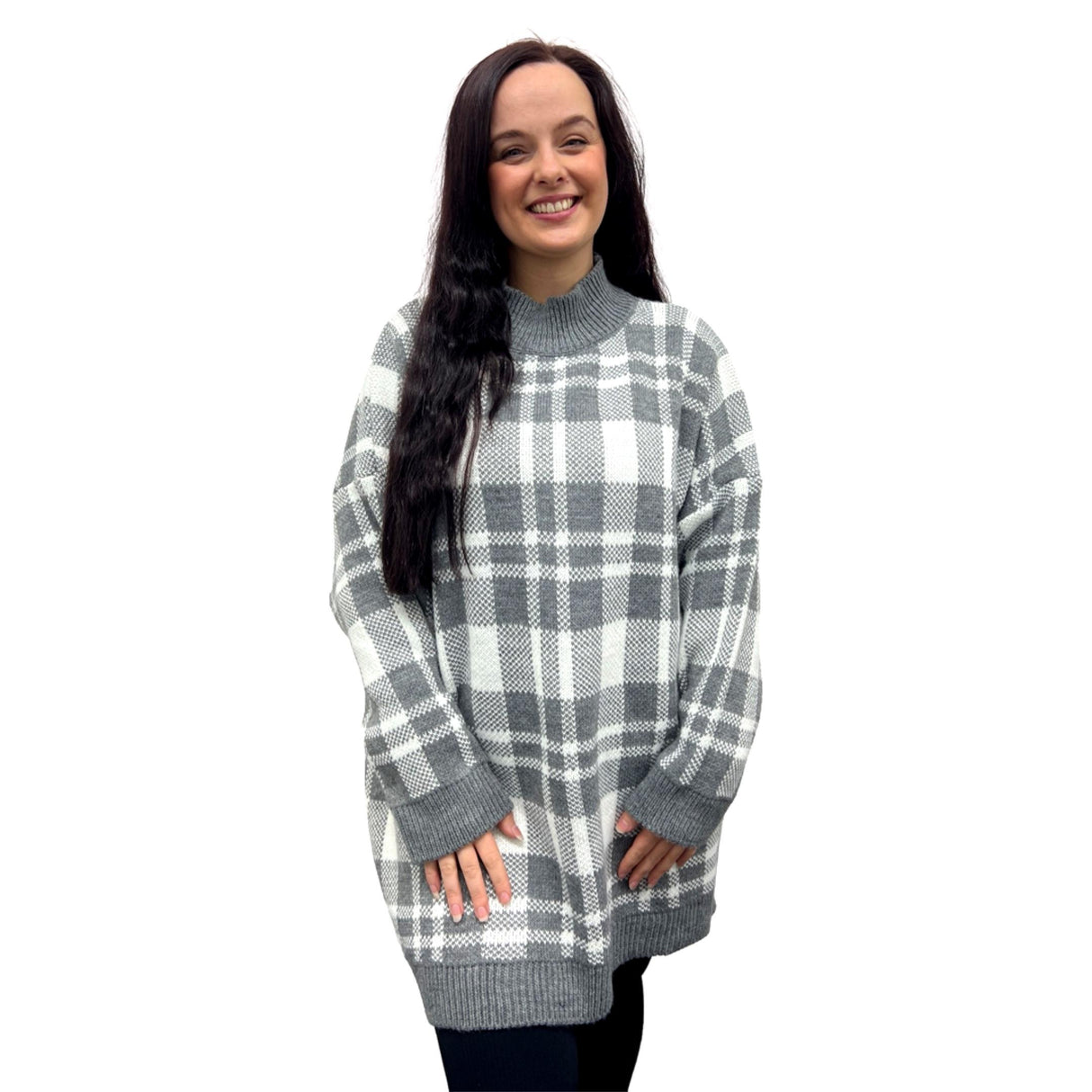 LADIES KNITWEAR JUMPER SUPER SOFT TURTLENECK GINGHAM CHECK DOUBLE LAYERS OVERSIZED JUMPER