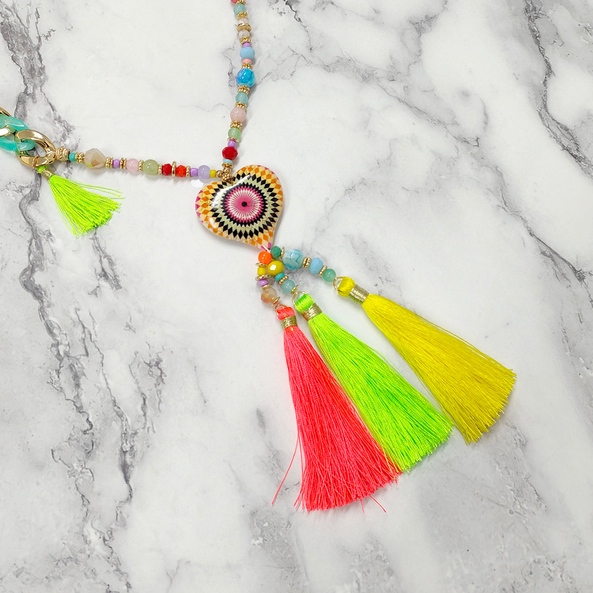 Triple Tassels Neon Beads Long Necklace JYB13002MUL