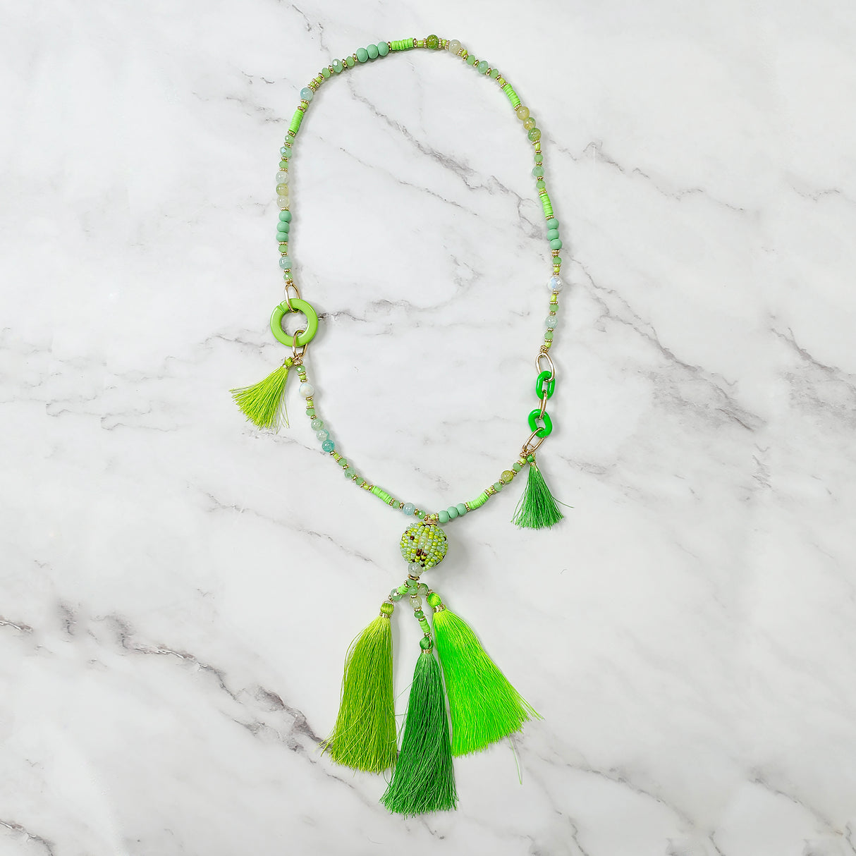 Green Link Beaded Tassel Necklace JYB13005GRN