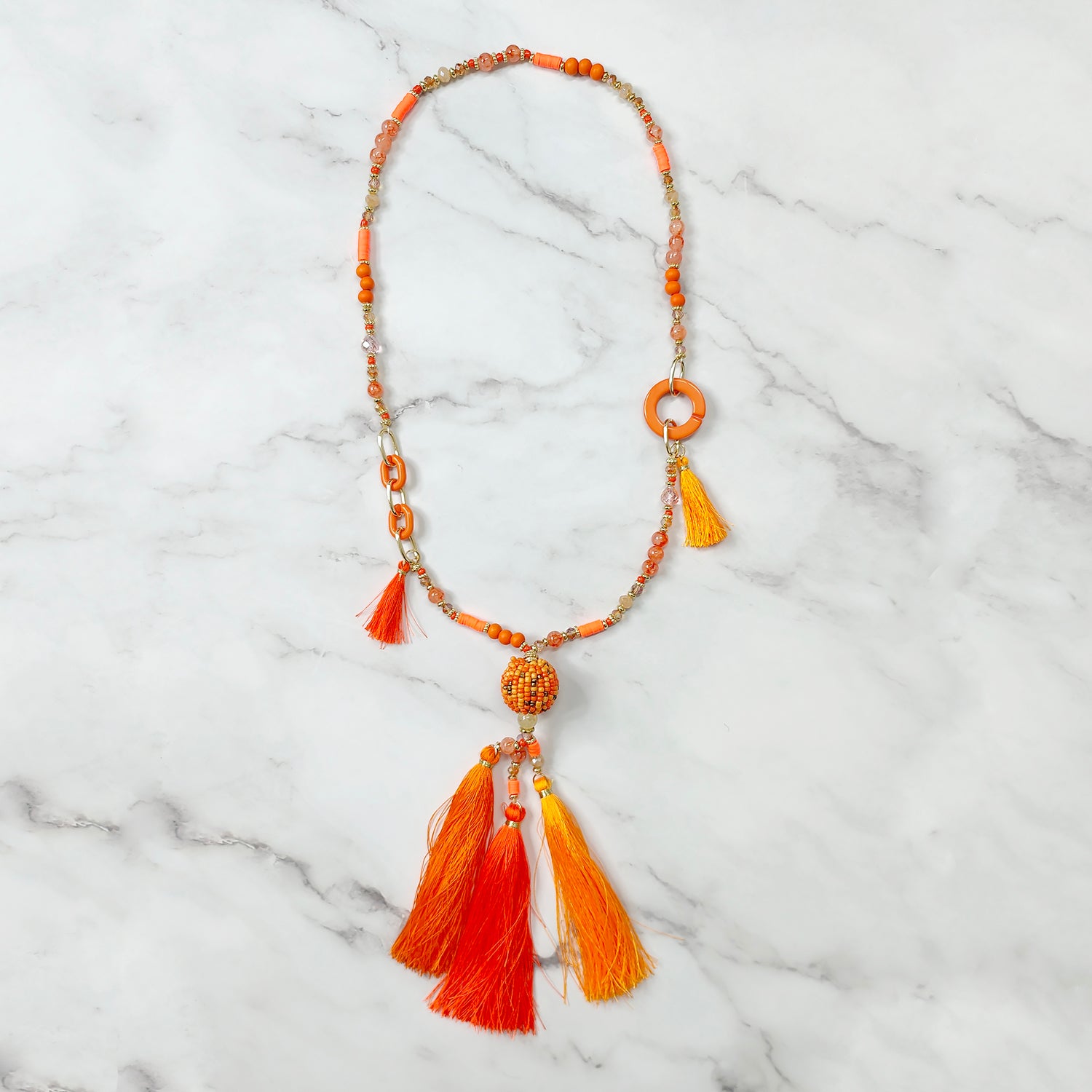 Orange Link Beaded Tassel Necklace  JYB13005ORG