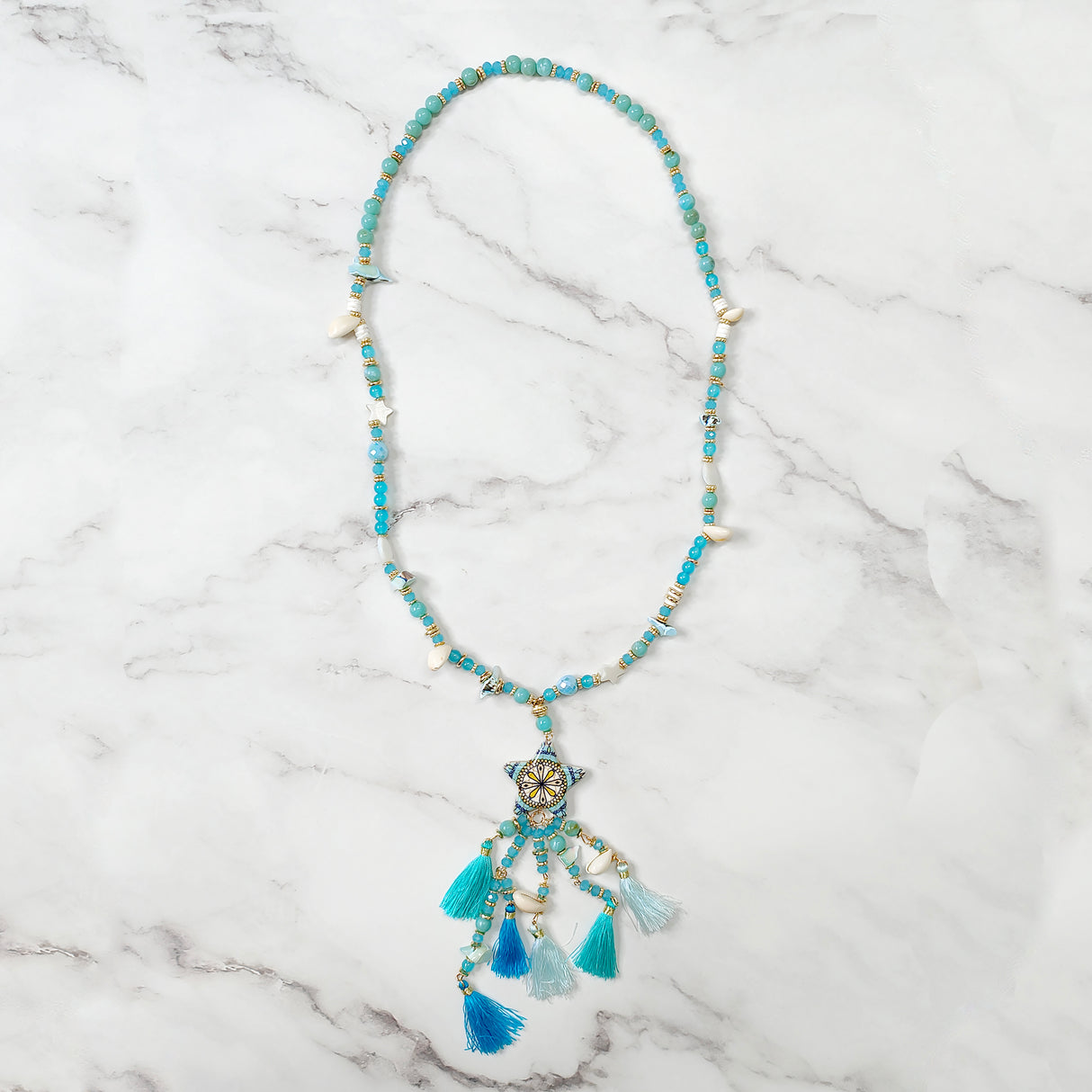 Blue Link Beaded Star Design Tassel Necklace  JYB13006BLU