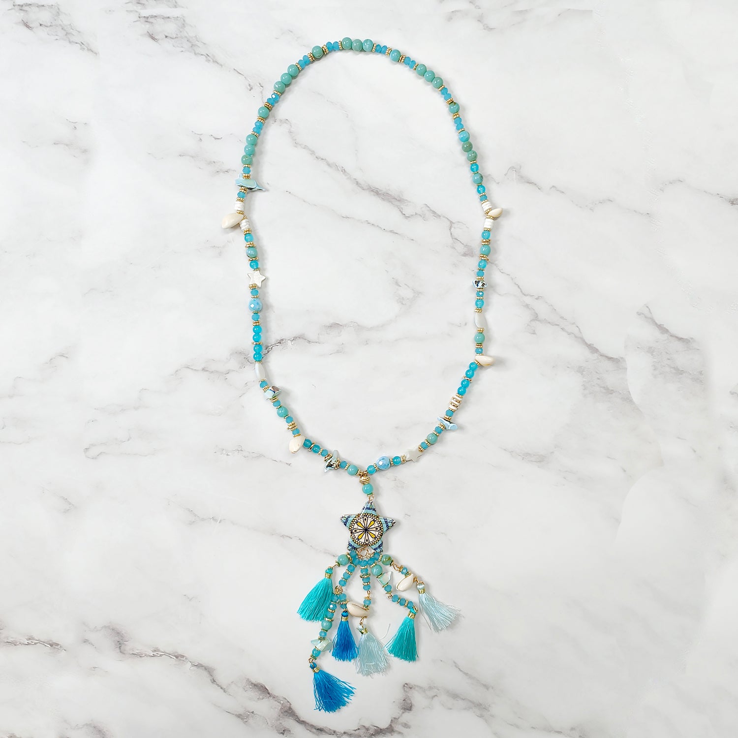 Blue Link Beaded Star Design Tassel Necklace  JYB13006BLU
