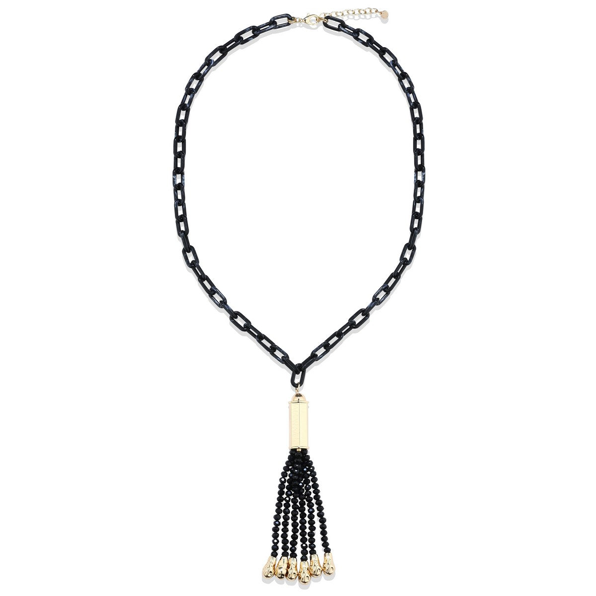 Chain Link Long Necklace with Beaded Tassel - Black YD22063BLK