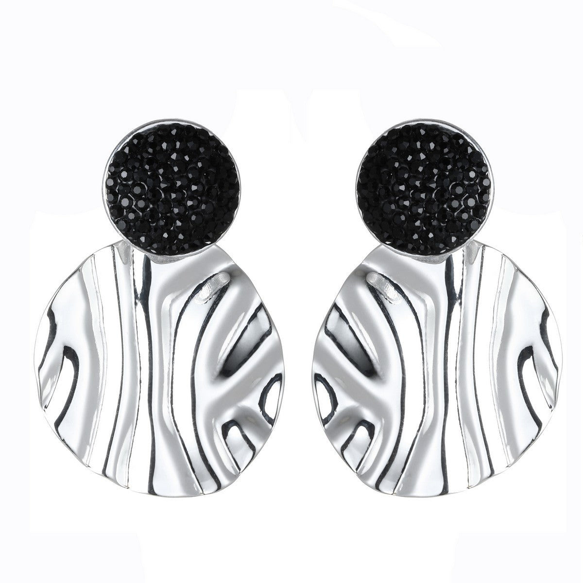 Silver Textured Disk Earrings with Black Diamantes YD22838SLR