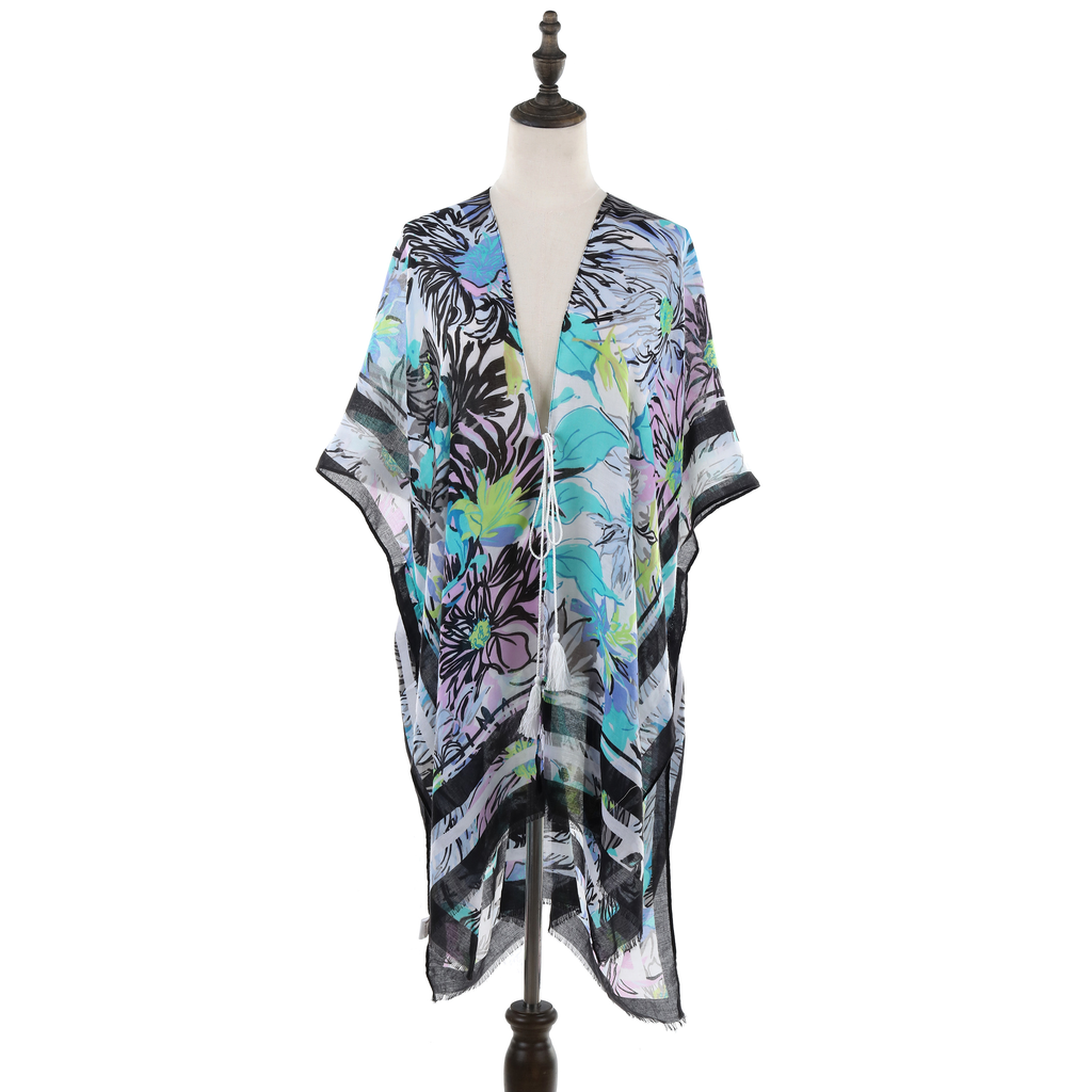 Tropical Leaf Design Kimono - Black JYF13002BLK