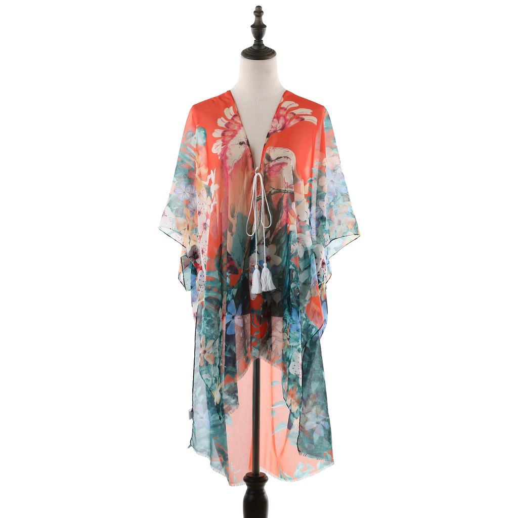 Summer Kimono with Pink Flowers - Orange JYF13011ORG