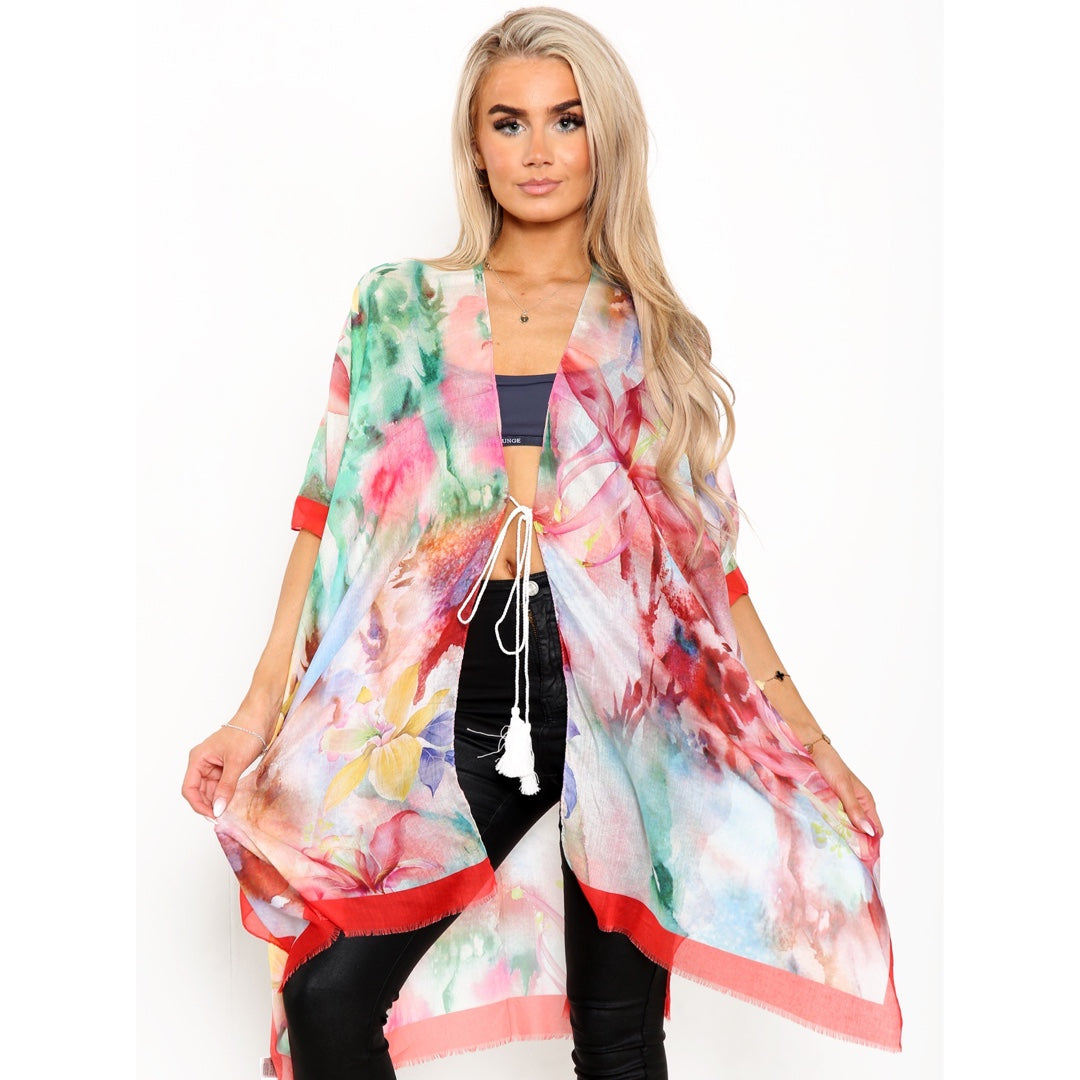 Tie-Dye Look Floral Kimono - Red JYF13013RED