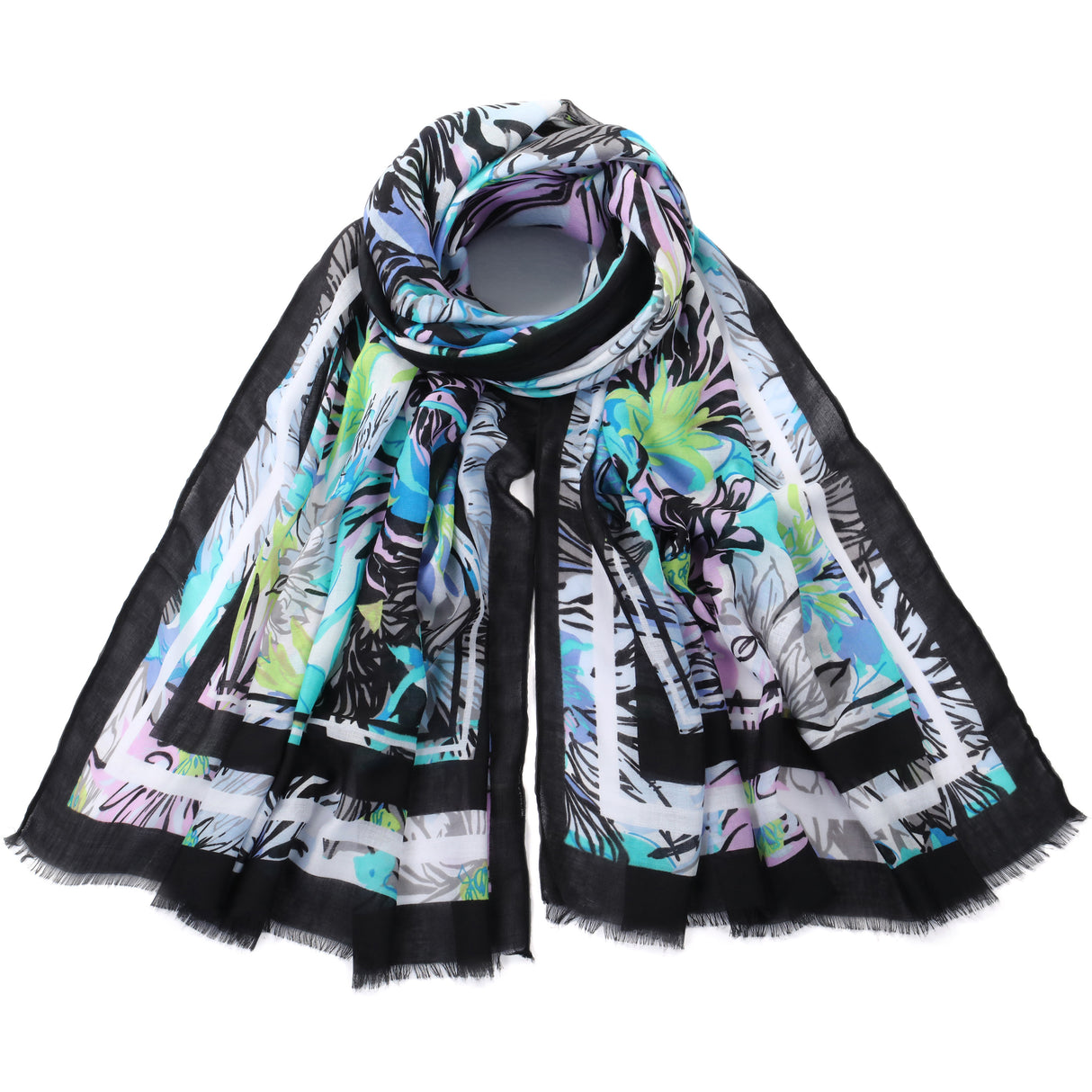 Black & Blue Floral Print Scarf JYF13503BLK