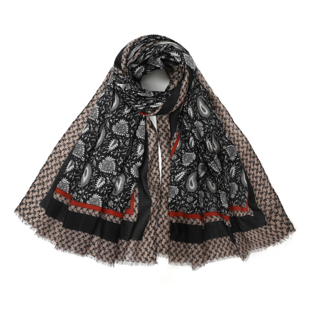 Paisley Pattern Scarf with Border - Black YF22501BLK