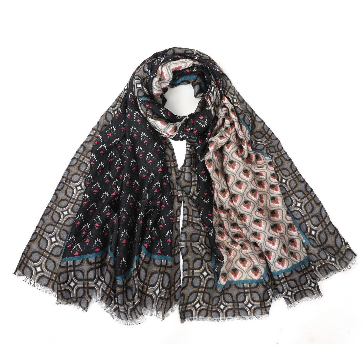 Mix Pattern Cotton Blend Scarf - Black YF22507BLK