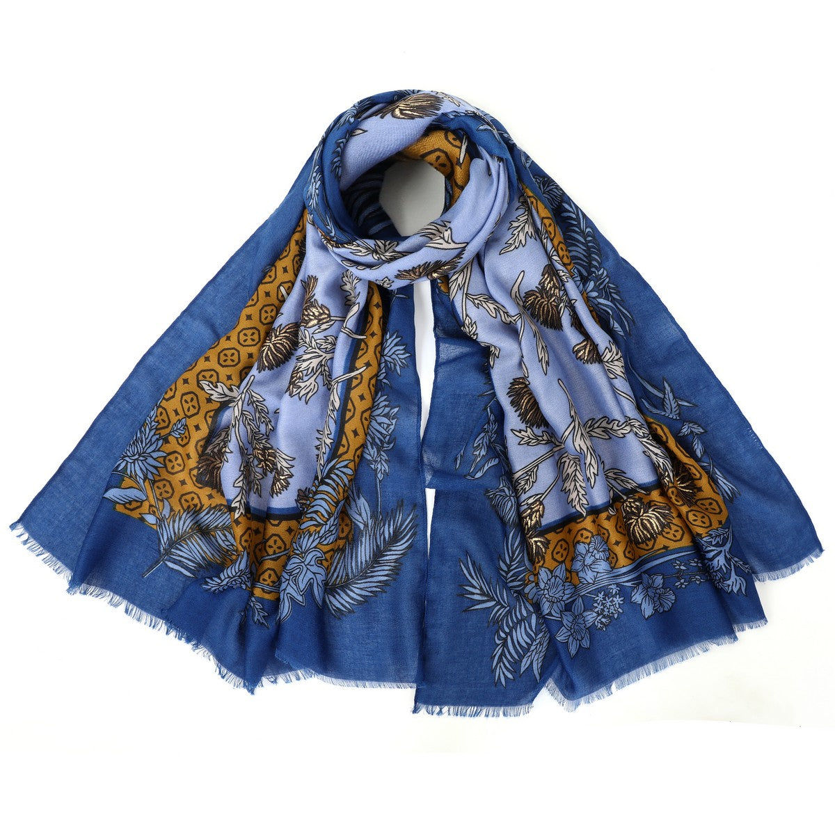 Blue Mixed Cotton Floral Print Scarf YF22520BLU